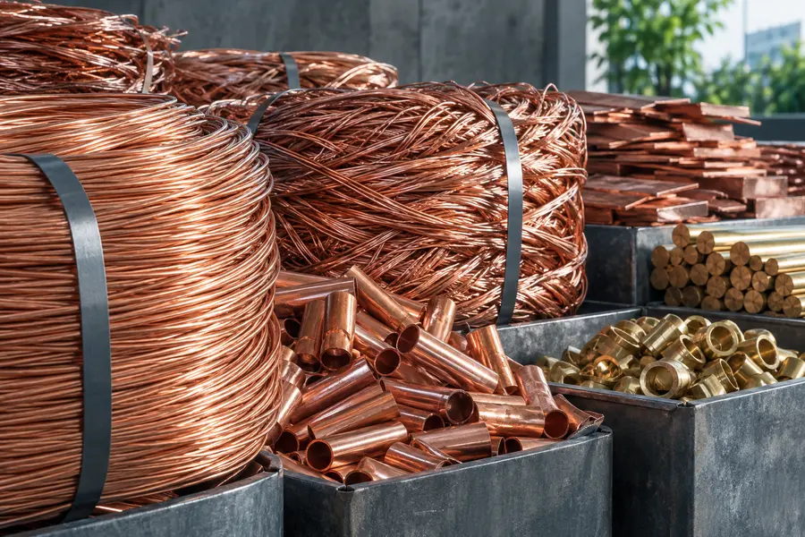 Sorted copper wire, copper pipe and brass pieces